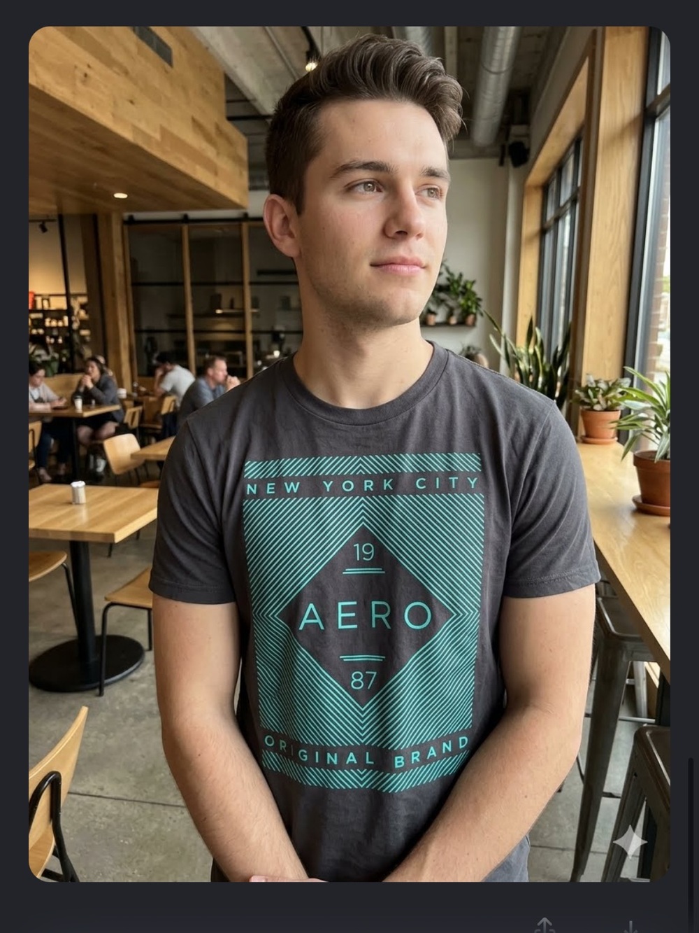 Aeropostale Charcoal T-Shirt with Teal Geometric Print
